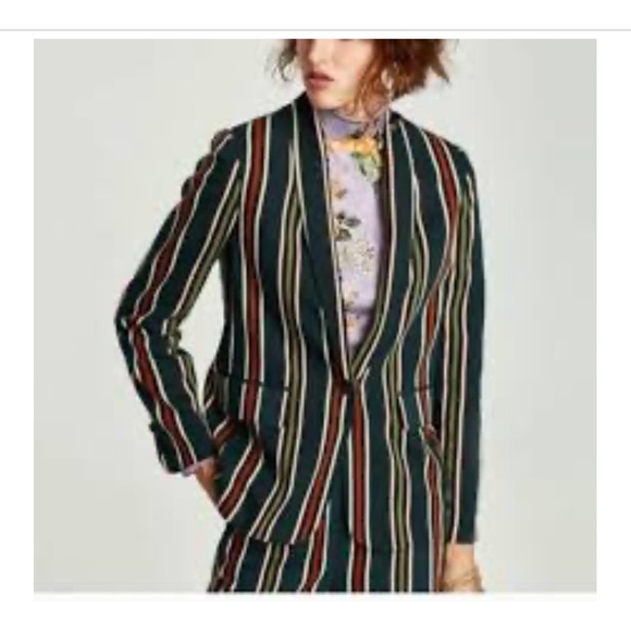 ZARA Woman Striped Bottle Green Blazer - Picture 8 of 11